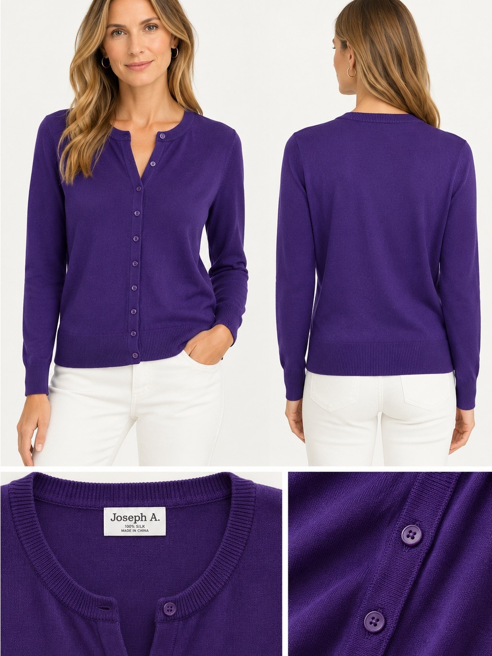 Joseph A. Silk Blend Purple Button Front Cardigan Sweater Women’s